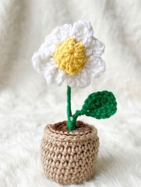 Handmade White and Yellow Crochet Daisy in Tan Pot